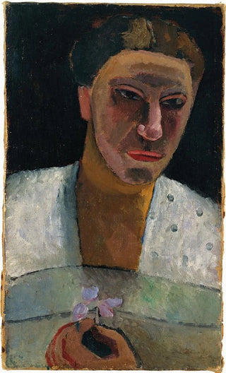 Paula ModersohnBecker - Halflength portrait of Lee Hoetger with flower.webp