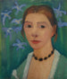 Zelfportret voor een groene achtergrond met een blauwe iris - Paula Modersohn-Becker — weergave van het kunstwerk