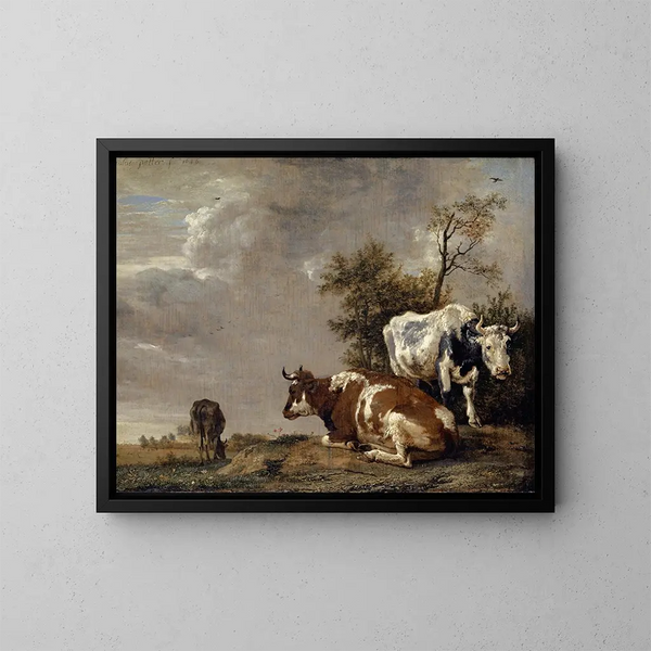 Drie koeien in een weide - Paulus Potter — ingelijst kunstwerk aan de muur