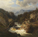 Landschapschilderij van een berglandschap met jager aan de rand van een woeste rivier - Leonhard Rausch — gepresenteerd in een interieur