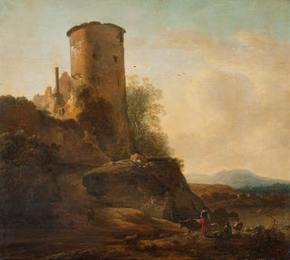 Paysage de montagne italien avec ruines de château, animaux et figures - Adam Pynacker