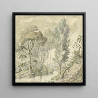 Paysage forestier avec à droite une colline et au milieu de l'eau - Elias van Nijmegen