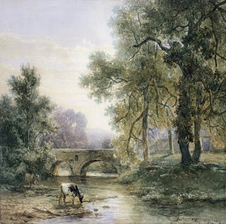 Paysage riche en arbres avec un pont en pierre sur une rivière - Willem Roelofs