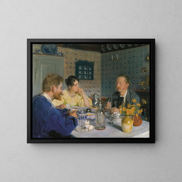 Een ontbijt, de kunstenaar, zijn vrouw en de schrijver Otto Benzon - Peder Severin Krøyer — ingelijst kunstwerk aan de muur
