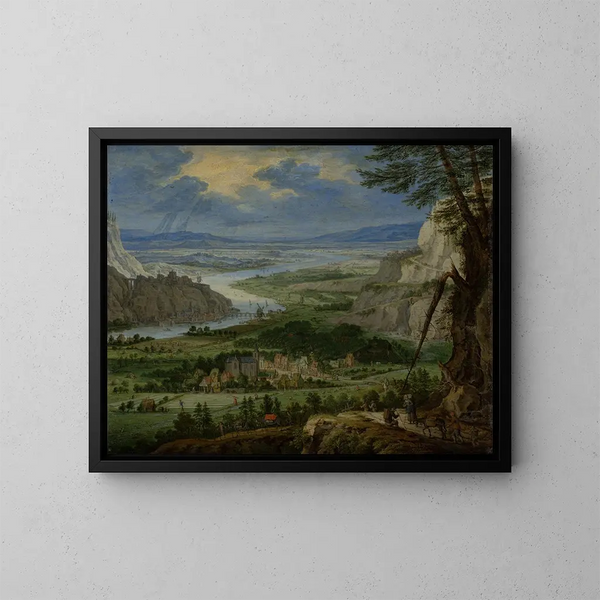 Landschap met rivier en reizigers - Peeter Gijsels — ingelijst kunstwerk aan de muur