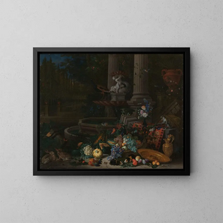 Peeter Gijsels - Still Life with Vegetables before a Draped Overturned Plinth by an Ornamental Fountain.webp