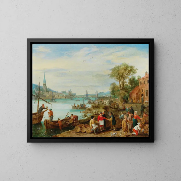 Een rivierlandschap met een haven scène - Peeter Gijsels — ingelijst kunstwerk aan de muur