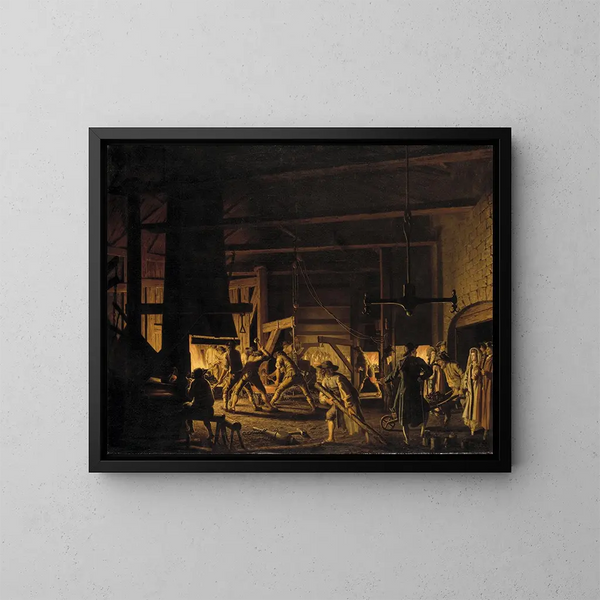 In de smederij van Sderfors, de smeden aan het werk - Pehr Hilleström — ingelijst kunstwerk aan de muur