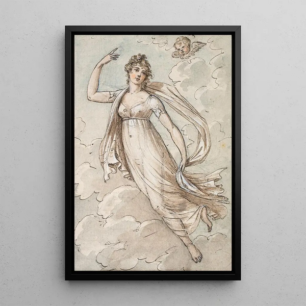 Peltro William Tomkins - Woman floating in the sky observed by a cherub.webp