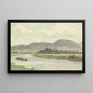 Peter Burnitz - Ortschaft an einem Flu mit Bergen im Mittelgrund.webp
