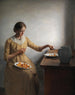 Een jong meisje dat paddenstoelen plukt - Peter Ilsted — weergave van het kunstwerk