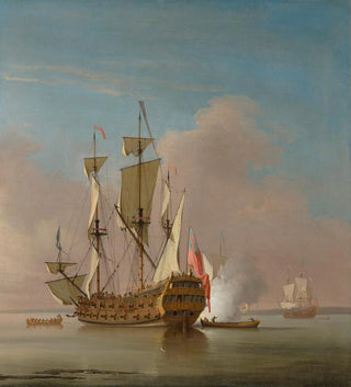 Peter Monamy - A Royal Navy 46gun Manowar firing a salute in a calm sea.webp