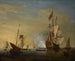 Scene aan de haven Een Engelse schip met gezakte zeilen dat een kanon afvuurt - Peter Monamy — weergave van het kunstwerk