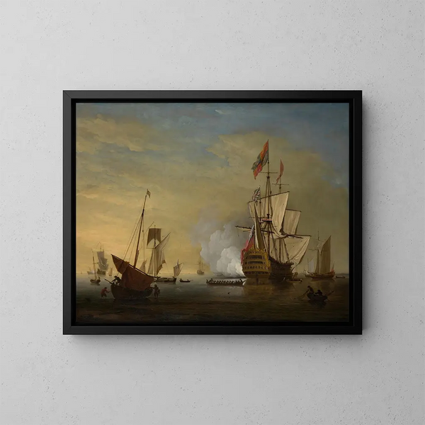 Scene aan de haven Een Engelse schip met gezakte zeilen dat een kanon afvuurt - Peter Monamy — ingelijst kunstwerk aan de muur