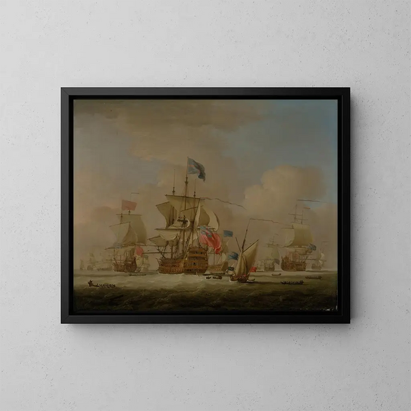 Mannen van Oorlog en een Sloep - Peter Monamy — ingelijst kunstwerk aan de muur