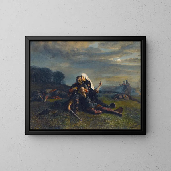 Na de strijd - Peter Nicolai Arbo — ingelijst kunstwerk aan de muur