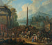 Een haven scène met vele figuren die de markt bijwonen - Peter Tillemans — weergave van het kunstwerk