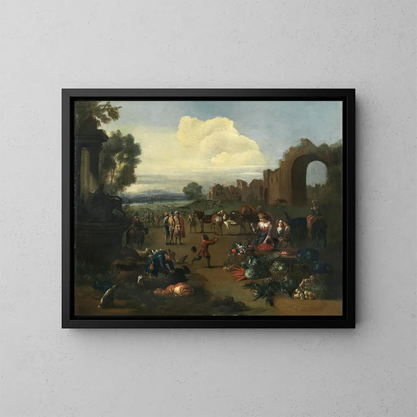 Een markt scène met een rivierlandschap daarachter - Peter Tillemans — ingelijst kunstwerk aan de muur