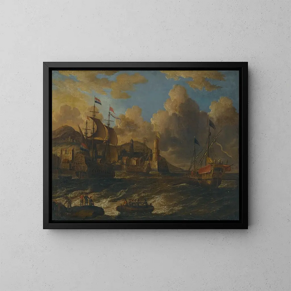 Bateaux néerlandais en mer au large d'une ville fortifiée - Peter van de Velde — ingelijst kunstwerk aan de muur