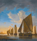 van kleine schepen in een rustige zee nabij de kust bij zonsondergang - Hendrick Jacobsz Dubbels — weergave van het kunstwerk