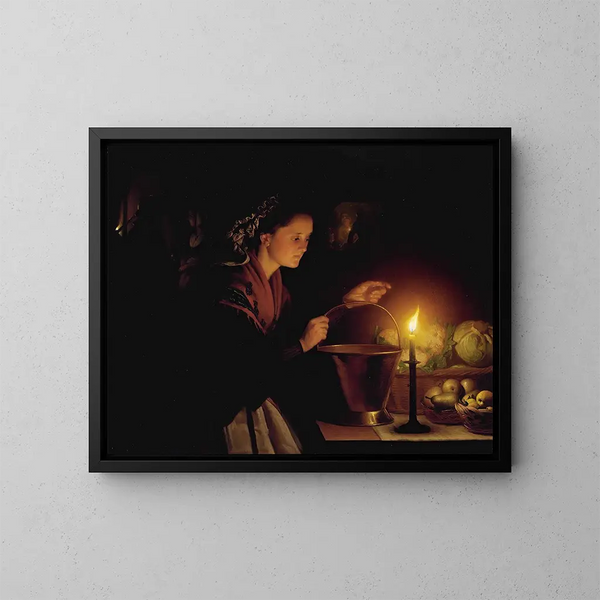 Een markt scène bij kaarslicht - Petrus van Schendel — ingelijst kunstwerk aan de muur