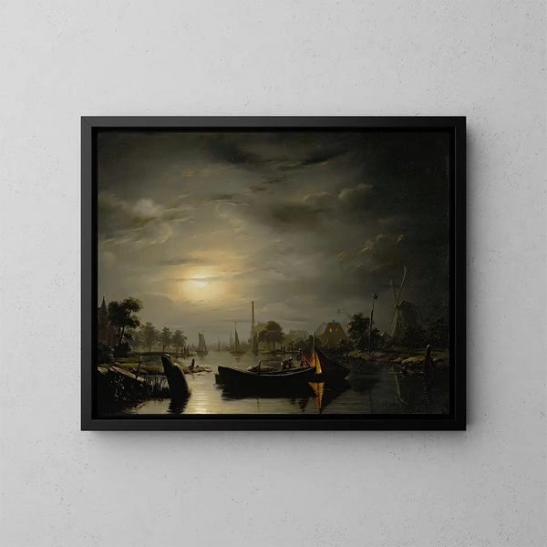 Een rivierlandschap bij zilveren maanlicht - Petrus van Schendel — ingelijst kunstwerk aan de muur
