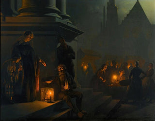 Petrus van Schendel - Charity in the night market.webp