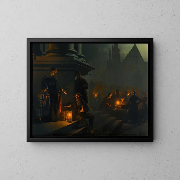Charité op de nachtmarkt - Petrus van Schendel — ingelijst kunstwerk aan de muur