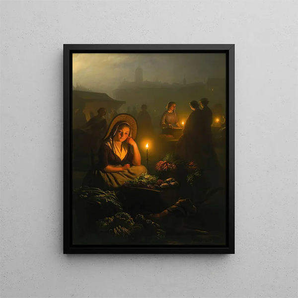 Petrus van Schendel - NightMarket In Amsterdam With The Dam Palace And The Nieuwe Kerk In The Background.webp