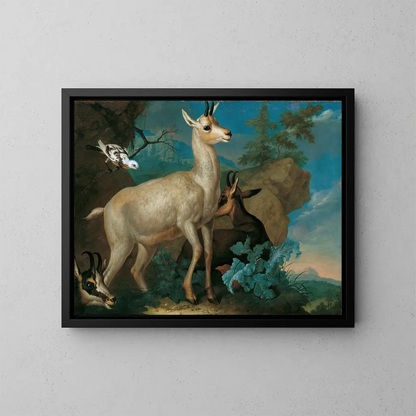 Drie gemzen en een merel - Philipp Ferdinand de Hamilton — ingelijst kunstwerk aan de muur