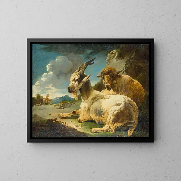 Moutons en geiten in een rotsachtig landschap - Philipp Peter Roos — ingelijst kunstwerk aan de muur
