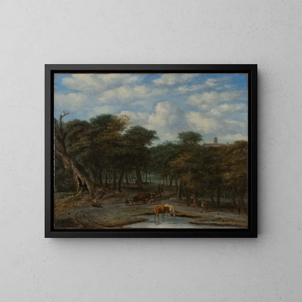 heldere bosrijke glade met vee - Philips Koninck — ingelijst kunstwerk aan de muur