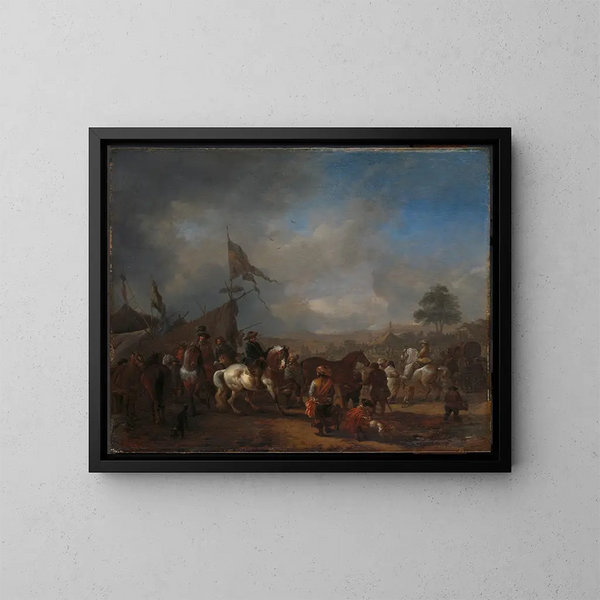 Een paardenmarkt bij een militair kamp - Philips Wouwerman — ingelijst kunstwerk aan de muur
