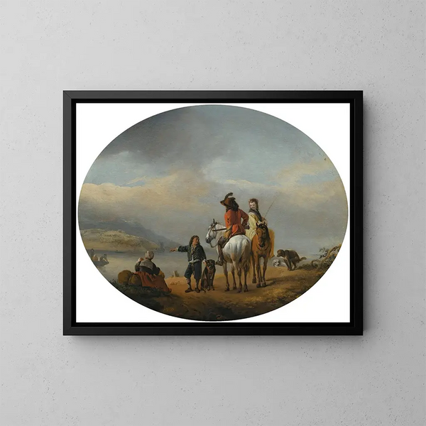 Een dame en een heer te paard getoond bij een veerboot die nadert door een jonge page - Philips Wouwerman — ingelijst kunstwerk aan de muur