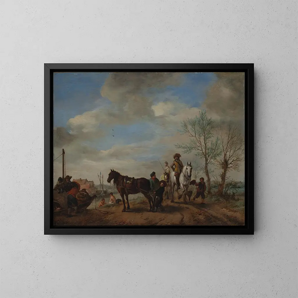 Een man en een vrouw te paard - Philips Wouwerman — ingelijst kunstwerk aan de muur