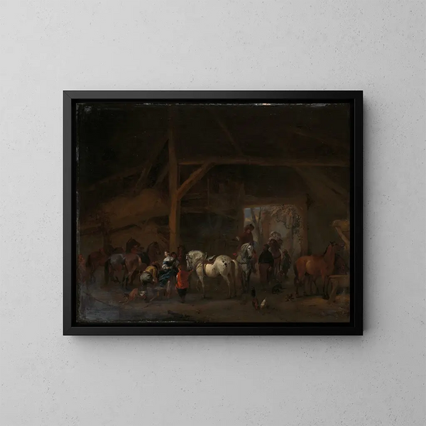 Een schuur - Philips Wouwerman — ingelijst kunstwerk aan de muur
