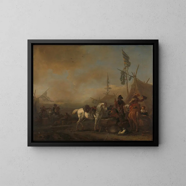 Een militaire kamp - Philips Wouwerman — ingelijst kunstwerk aan de muur