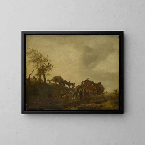 Een aanval op reizigers - Philips Wouwerman — ingelijst kunstwerk aan de muur