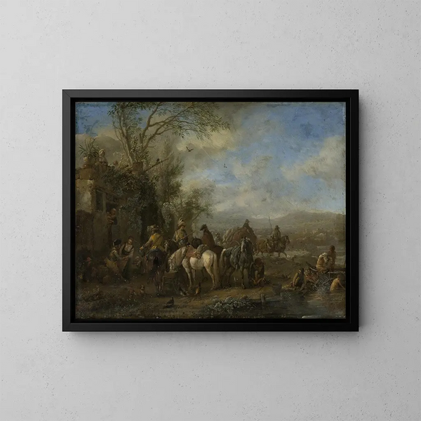 Ridders te paard voor een herberg - Philips Wouwerman — ingelijst kunstwerk aan de muur