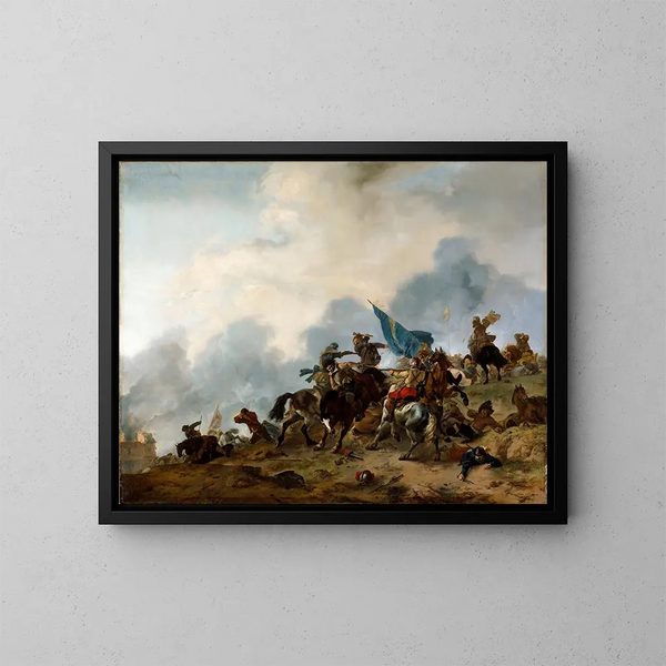 Oorlogsgevechtsscène - Philips Wouwerman — ingelijst kunstwerk aan de muur