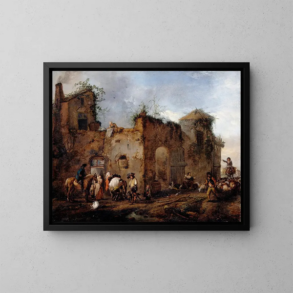 Binnenplaats met een smid die een paard beslaat - Philips Wouwerman — ingelijst kunstwerk aan de muur
