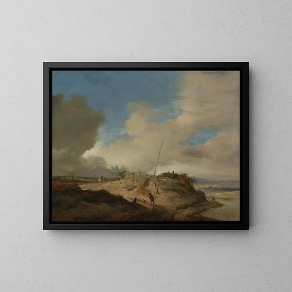 Landschap van duinen met een seinmast - Philips Wouwerman — ingelijst kunstwerk aan de muur