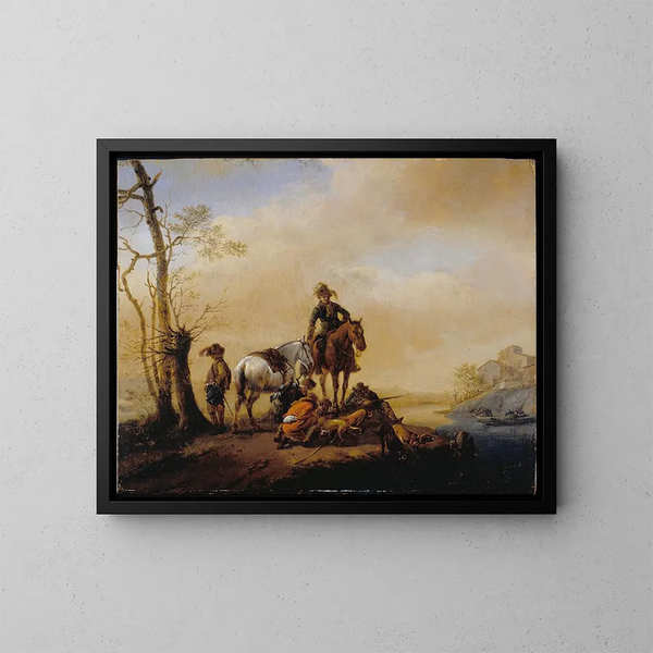 Stop van de sporters - Philips Wouwerman — ingelijst kunstwerk aan de muur