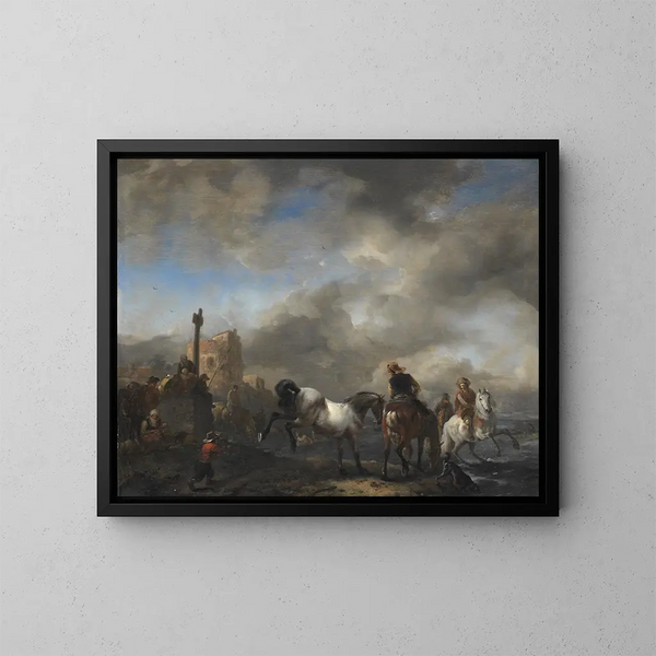 Vijver met paarden bij een grenssteen - Philips Wouwerman — ingelijst kunstwerk aan de muur