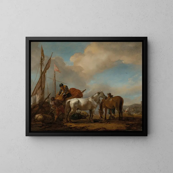 van paarden in een landschap met personages die balen op een schip laden - Philips Wouwerman — ingelijst kunstwerk aan de muur