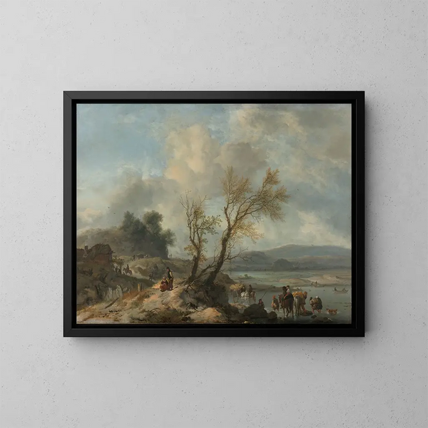 Landschap met een zandweg langs een rivier - Philips Wouwerman — ingelijst kunstwerk aan de muur