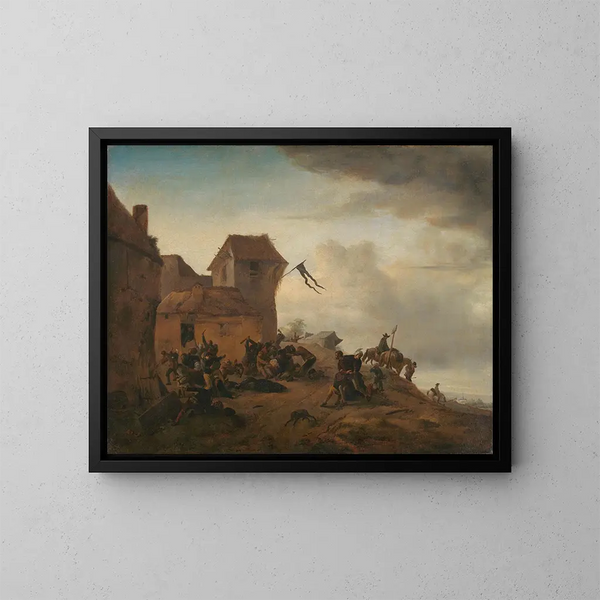 van een boerengevecht nabij een dorp - Philips Wouwerman — ingelijst kunstwerk aan de muur