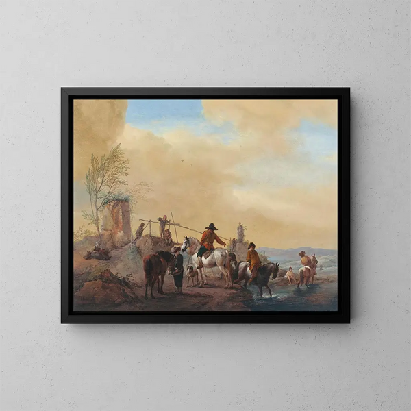 ruiters en paarden rustend bij een rivier - Philips Wouwerman — ingelijst kunstwerk aan de muur