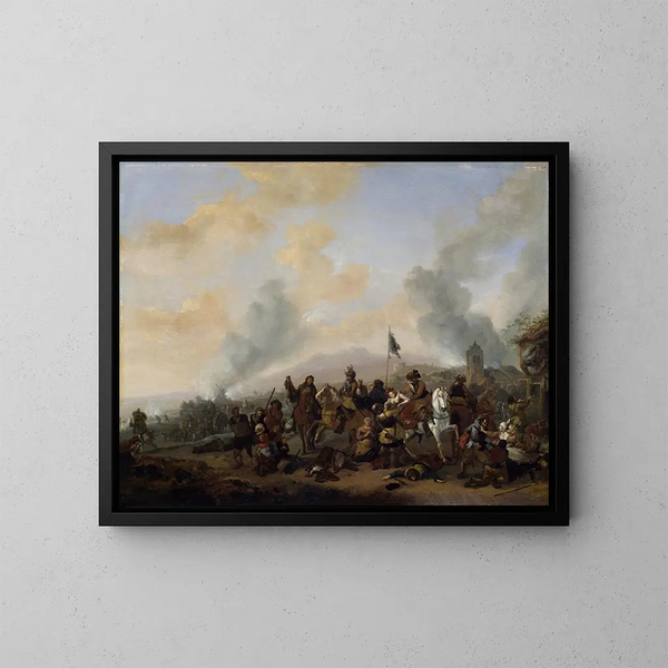 van soldaten die een dorp plunderen - Philips Wouwerman — ingelijst kunstwerk aan de muur