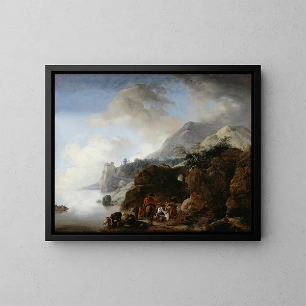 Reisigers wachtend op een veerboot - Philips Wouwerman — ingelijst kunstwerk aan de muur